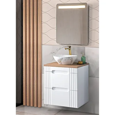 Produktbild von Badmöbelset weiß 60cm Waschtisch mit Waschbecken, LED-Spiegel, FAIRFIELD-56