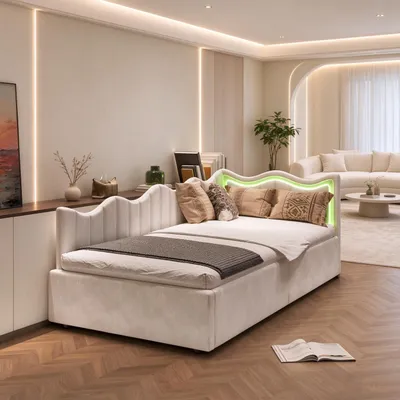 Image de Lit coffre tapissier, canapé-lit convertible de 90x200 cm avec sommier à lattes, lit de jour pour enfants avec éclairage LED et espace de rangement hydraulique, revêtement en velours, couleur beige