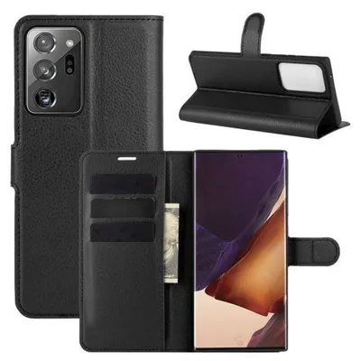 A black leather wallet case for a Samsung Galaxy Note 20 Ultra is shown from multiple angles, including open and closed views.