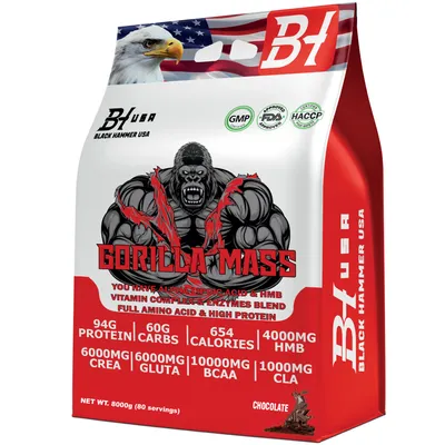 Produktbild von GORILLA Mass Gainer 8kg Schokolade – Gainer mit Creatin & BCAA für Muskelaufbau & Kraft | Black Hammer USA