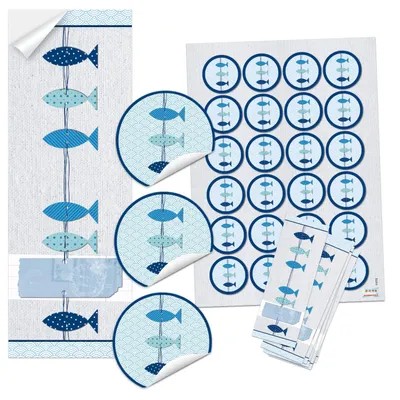Produktbild von SET 25 + 24 blau türkis weiß 3 FISCHE Aufkleber - Symbol Taufe Kommunion Hochzeit - maritim Geschenk-Sticker Tischkarten Einladungs-Karten basteln selbermachen Verpackung