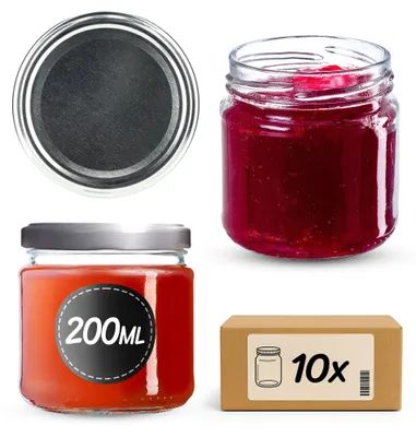 Obrázok produktu pre Sklenené nádoby na zaváranie – vhodné na konzervovanie – objem 200 ml – balenie po 10 kusov – priemer viečka 66 mm – strieborné viečka – vhodné na potraviny