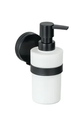 Produktbild von WENKO Static-Loc® Plus Seifenspender Pavia Schwarz, Befestigen ohne bohren, sicherer Halt durch statische Haftung auf glatten, luftundurchlässigen Flächen, Füllmenge 220 ml, 6 x 16 x 9 cm, Stahl matt