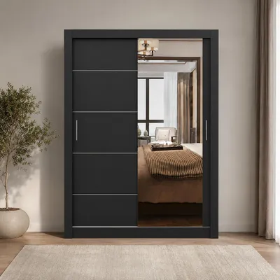 Produktbild von Kleiderschrank OLYO 150 cm Schwarz mit Spiegel – Schwebetürenschrank mit Regalböden und Kleiderstangen
