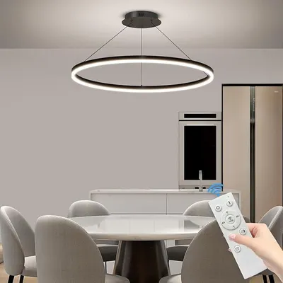 Productafbeelding van LED-eettafel hanglamp, plafondlamp met ringen, zwart, dimbaar van 10% tot 100%, 3000K/4500K/6000K, woonkamerlampen met afstandsbediening, ronde hanglamp voor de woonkamer