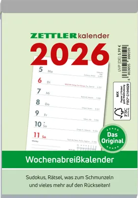 A close-up view of a Zettler 2026 wall calendar, showing a page with dates and text, along with marketing information.
