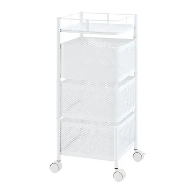 A white rolling cart with three mesh baskets and a top shelf, shown against a white background.