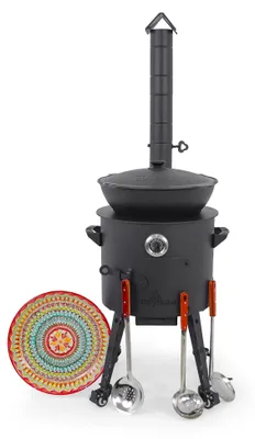 Produktbild von Utschak Feuerofen Ø 40 cm + Gusseisen-Kasan 12 L, runder Boden + Küchenzubehör, Usbekischer Kochtopf aus Gusseisen