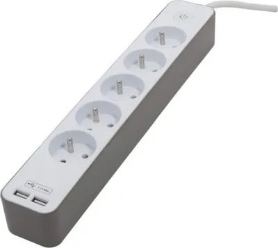 Obrázek produktu pro Multifunkční zásuvka CHACON 5 zásuvek 16 A, 2 USB porty, kabel 1,5 m, dětská bezpečnost, bílá a hnědá