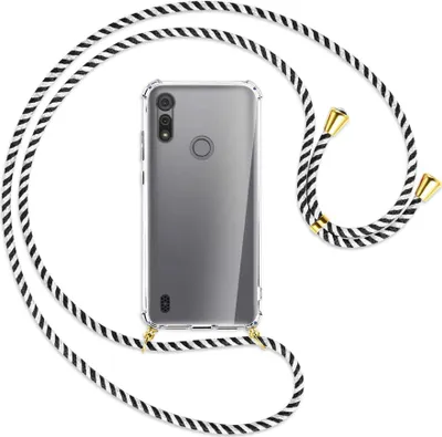 Produktbild von Handykette Backcover-Schutzhülle mit Band (Metall goldfarben) für Motorola Moto E6s - schwarz/weiß gestreift