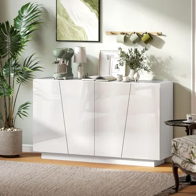 Produktbild von Sideboard Weiß Hochglanz 150x40x88 cm Anrichte im modernen geometrischen Design, Kommode aus Holzwerkstoff mit 4 Türen für viel Stauraum