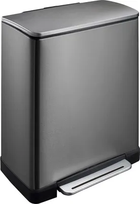 A close-up studio shot of a stainless steel recycling bin with a black base and pedal.