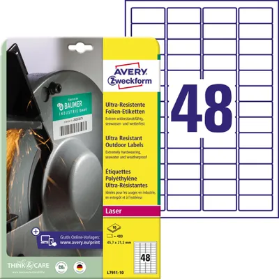 Obrázek produktu pro Avery L7911-10, Bílá, Zaoblený obdélník, Permanentní, 45.7 x 21.2 mm, A4, Polyetylen
