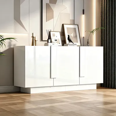 Produktbild von Merax Hochglanz Sideboard mit 3 Türen und 6 Fächern, Hochglanz Kommode mit Spanplatte, moderner Wohnzimmerschrank mit Stauraum, Weiß