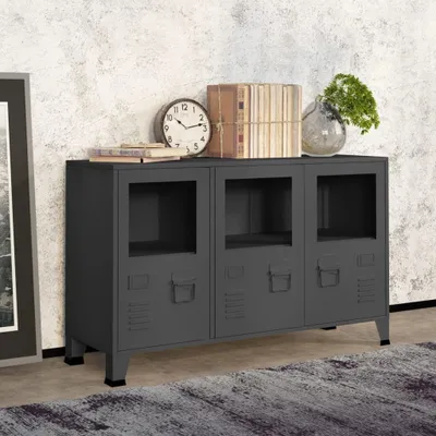 Image de Meuble de rangement exclusif - Buffet industriel anthracite, 105x35x62 cm, métal et verre