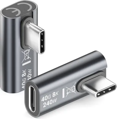 Produktbild von deleyCON USB-C Adapter Winkel 90 Grad (2 Stück) 40Gbps, 240W, 8K60Hz, USB 4.0, Aluminium Gehäuse, Typ C Stecker auf Buchse für Smartphone Tablet Laptop Notebook MacBook PS5 usw.