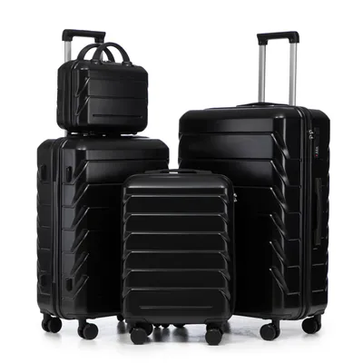 Immagine prodotto di LVHOM set di valigie rigide 4 pezzi in ABS, set da 14"-19"-24"-28" con ruote a 360°, set di valigie da viaggio, set di trolley impermeabile, nero