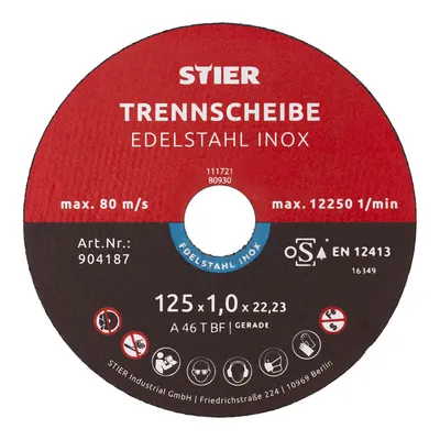 Produktbild von STIER Trennscheibe für Edelstahl/INOX, Metall, Stahl, Ø Flexscheibe: 125 x 1,0 x 22,23 mm, gerade, Set mit 25 Stück, für Winkelschleifer