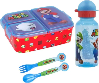 Produktbild von Super Mario Luigi Kinder 4 tlg Set 3 Kammer Brotdose Gabel Löffel Trinkflasche