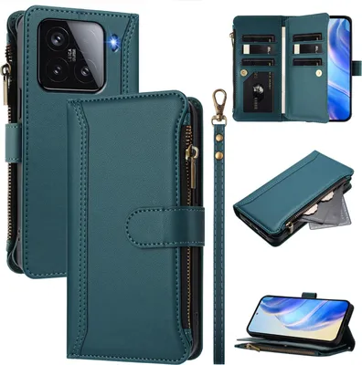 Produktbild von Handyhülle für Xiaomi 15 Reißverschluss Geldbörse Kunstleder Klapphülle mit Kartensteckplatz, Ständer, Handschlaufe Grün