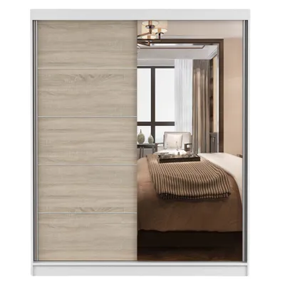 Produktbild von Schwebetürenschrank Kleiderschrank Bono 05, 160 cm, Weiß/Sonoma mit Spiegel