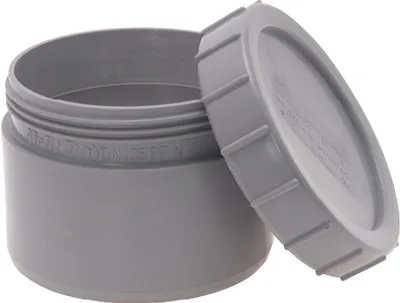 A gray plastic end cap with a screw-on lid, shown with the lid slightly ajar.