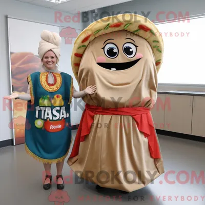 Productafbeelding van Tacos-mascottekostuumkarakter REDBROKOLY gekleed met een wikkeljurk en hoofdbanden
