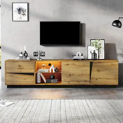 Produktbild von Merax TV-Lowboard mit App-LED, TV-Schrank mit 2 Schubladen und 2 Türen, TV-Board mit Glasablage, offenem Fach, Kabeldurchführung, Natur & Schwarz