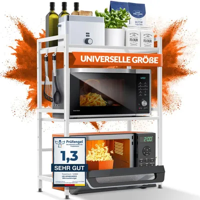 Immagine prodotto di Ripiano per microonde, scaffale da cucina, modello autoportante in acciaio (3 ripiani) | Scaffale per microonde, mobiletto per microonde | Scaffale portaoggetti, scaffale per panettiere, ripiano regolabile in altezza e lunghezza + istruzioni video, ganci - Bianco