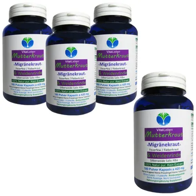 Produktbild von Mutterkraut + Weidenrinde 720 (4x180) Kapseln [Migränekraut Feverfew Fieberkraut] - Frauen Universalmittel nach Hildegard von Bingen. NATUR pur