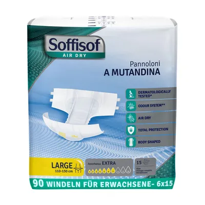 Zdjęcie produktu dla Soffisof Air Dry pieluchomajtki dla dorosłych Extra L - 90x majtki chłonne - 6 opakowań po 15 sztuk, 7 kropli - pieluchomajtki dla dorosłych