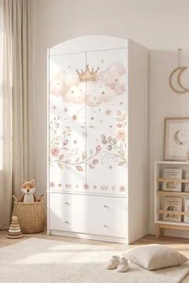 Obrázok produktu pre Skriňa pre deti s motívom, dvojdverová s 2 zásuvkami a vešiakom, biela, rozmer 88x187x54 cm