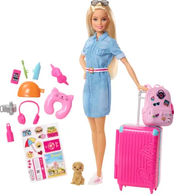 Produktbild von Barbie Reise Puppe (blond) mit Zubehör, Anziehpuppe, Modepuppe, Barbie Urlaub