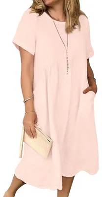 Produktbild von Sommerkleid Damen Leinen Kleider Casual V-Ausschnitt Midikleid Kurzarm A-Linie K
