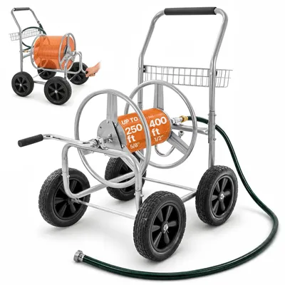 Obrázok produktu pre VEVOR vozík na hadicu, pojme až 76 m x 1,5 cm hadice, vozík na záhradnú hadicu, mobilné náradie so 4 kolieskami z ocele na vonkajšie sadenie s úložným košom, na záhradu, dvor, trávnik