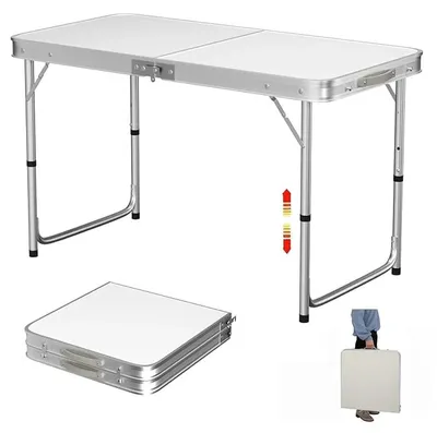 Zdjęcie produktu dla Stół kempingowy - składany stół z regulowaną wysokością - 120x60 cm - rama aluminiowa - przenośny, idealny na camping, do ogrodu, na balkon, na piknik - kolor biały