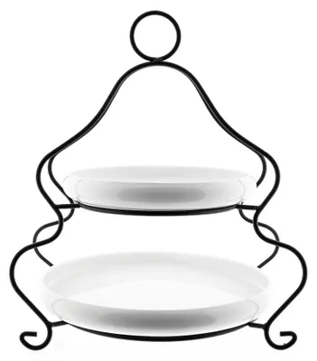 Image de Belicia Étagère 2 étages avec support noir, assiette en porcelaine blanche