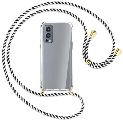 Produktbild von Handykette Backcover-Schutzhülle mit Band (Metall goldfarben) für OnePlus Nord 2 5G - schwarz/weiß gestreift