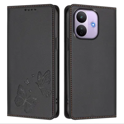 Image de Étui en cuir pour Xiaomi Redmi Note 17 Pro 5G, avec motif papillon, type portefeuille rabattable avec support. Couleur : noir