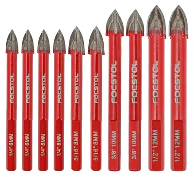 Produktbild von Fliesenbohrer Set 10 Stück Hartmetall mit Dreikantschaft für Holz, Kunststoff, Mauerwerk, Keramik, Beton, Marmor (6mm, 8mm, 10mm, 12mm)