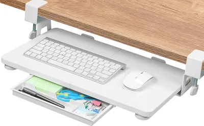 Produktbild von Tastaturauszug mit C-Klemmhalterung, 50x30 cm, für Untertischmontage, drehbar und ergonomisch für Zuhause und Büro (Weiß)