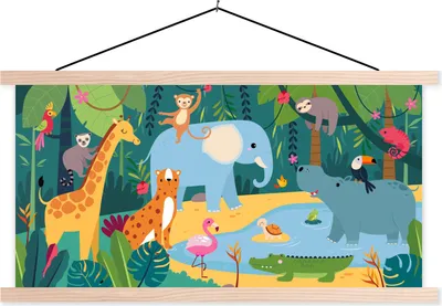 Produktbild von MuchoWow® Textilposter Dschungel - Kinder - Tiere 60x30 cm mit holzfarbenen Rahmen - Dekoration