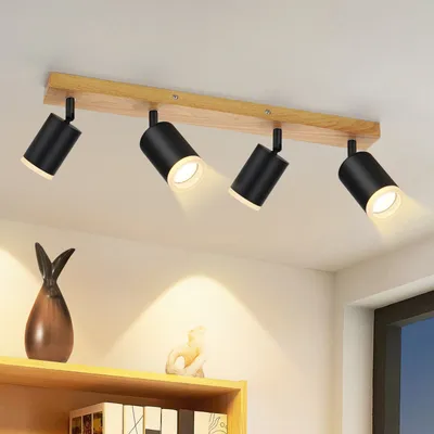 Image de ZMH Spot de plafond 4 flammes noir - Lampe de cuisine en bois GU10 Spot mural 350° orientable Vintage Cuisine Spot industriel rétro pour salon chambre couloir(Sans ampoule)