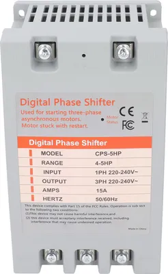 The back of a gray digital phase shifter with labels and specifications.