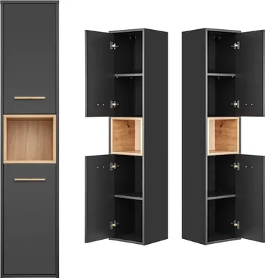 A collage of bathroom cabinets, one shown closed and two shown open.
