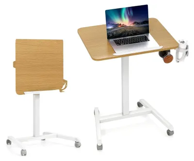 Produktbild von Höhenverstellbarer Beistelltisch, mobiles Stehpult mit neigbarer Tischplatte, Computertisch mit Rollen, Laptoptisch mit Haken und Becherhalter, Betttisch, Pflegetisch
