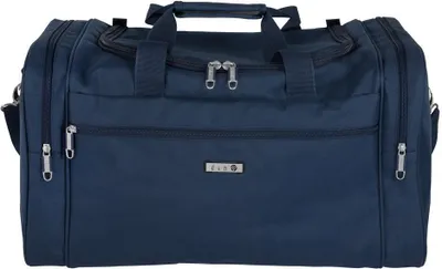 A studio shot of a navy blue duffel bag.