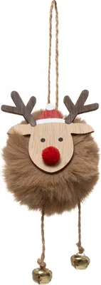 Imagen del producto de Adornos navideños para el árbol de Navidad, forma de reno con pompones, color marrón, rojo y dorado, 13 cm