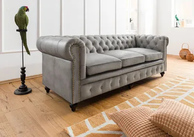 Produktbild von MASSIVMOEBEL24 Sofa 3-Sitzer Echtleder 216x82x75 grau CHESTERFIELD #203