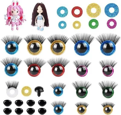 Produktbild von 40 Stück 12-20mm Glitzer Sicherheitsaugen mit Wimpern und Nasen Ringen